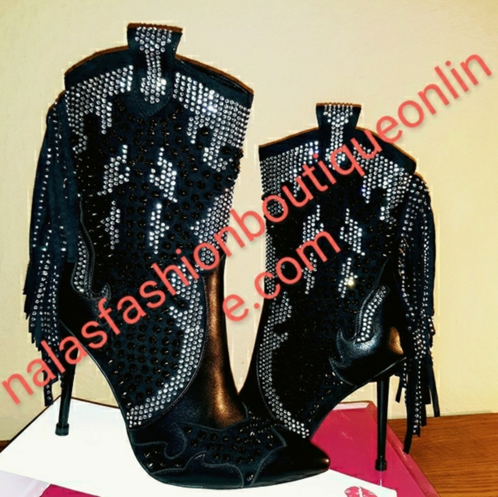 NWB Fring and Rhinestone Stiletto Booties - Picture 5 of 9